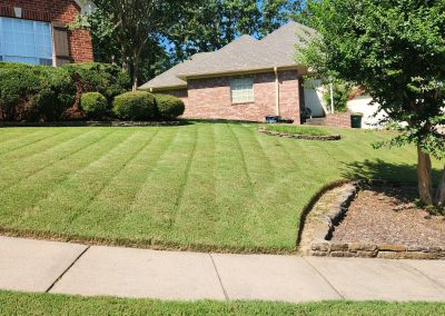 Well-maintained lawn with striped grass, landscaped shrubs, and a brick house in Central Arkansas, showcasing APEX Lawn Care's professional lawn care services.