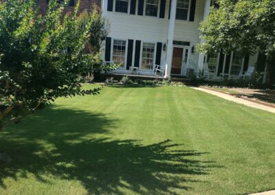 Lush green lawn in front of a residential home with well-maintained landscaping, showcasing APEX Lawn Care's professional lawn care services in Little Rock, Arkansas.