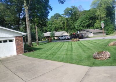 Well-maintained lawn with striped mowing pattern, residential homes in background, showcasing APEX Lawn Care services in Little Rock, Arkansas.