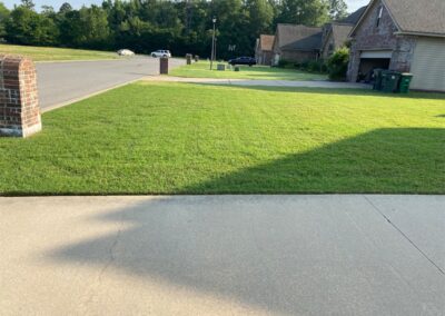A residential street with a well-manicured lawn and shadow of an employee in the foreground. - Little Rock Lawn Care and Mowing Services by Apex Lawn Care