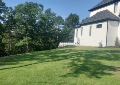 Modern office with a white exterior and a steep roof, set against a backdrop of green trees under a clear blue sky, with a well-manicured lawn sloping gently towards the building. - Little Rock Lawn Care and Mowing Services by Apex Lawn Care