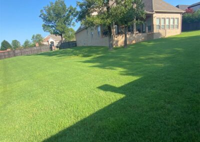 A well-maintained lawn in front of a suburban house with a clear shadow of an employee on the grass. - Little Rock Lawn Care and Mowing Services by Apex Lawn Care