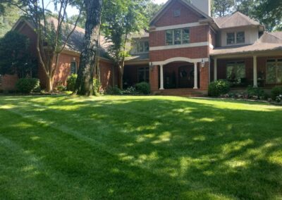 A two-story brick house with large windows, a prominent chimney, and a well-manicured front lawn with a shady tree. - Little Rock Lawn Care and Mowing Services by Apex Lawn Care