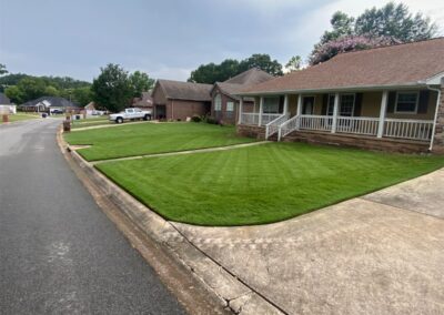 A residential street with well-maintained lawns and single-story houses under a clear sky. - Little Rock Lawn Care and Mowing Services by Apex Lawn Care