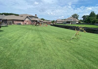 Well-manicured backyard lawn with a playset in the distance and residential houses under a blue sky with scattered clouds. - Little Rock Lawn Care and Mowing Services by Apex Lawn Care