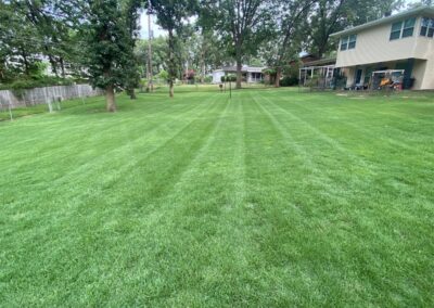 A well-manicured lawn with mowing patterns in front of a Maumelle house with trees. - Little Rock Lawn Care and Mowing Services by Apex Lawn Care