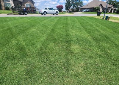 Lush, well-maintained lawn with striped grass patterns, showcasing professional lawn care services by APEX Lawn Care, featuring a service vehicle and residential homes in the background.