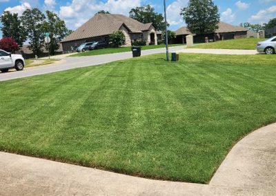 Well-manicured lawn with striped grass pattern, showcasing professional lawn care services by APEX Lawn Care in Central Arkansas, residential setting with houses and parked cars in background.