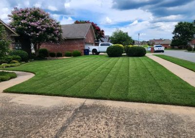 Lush, well-maintained lawn with striped mowing pattern, bordered by shrubs and trees, showcasing APEX Lawn Care's professional lawn care services in Central Arkansas.