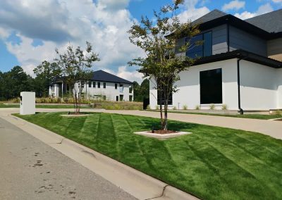 Lush green lawn with neatly striped grass, bordered by trees and modern homes, showcasing professional lawn care services by APEX Lawn Care in Central Arkansas.