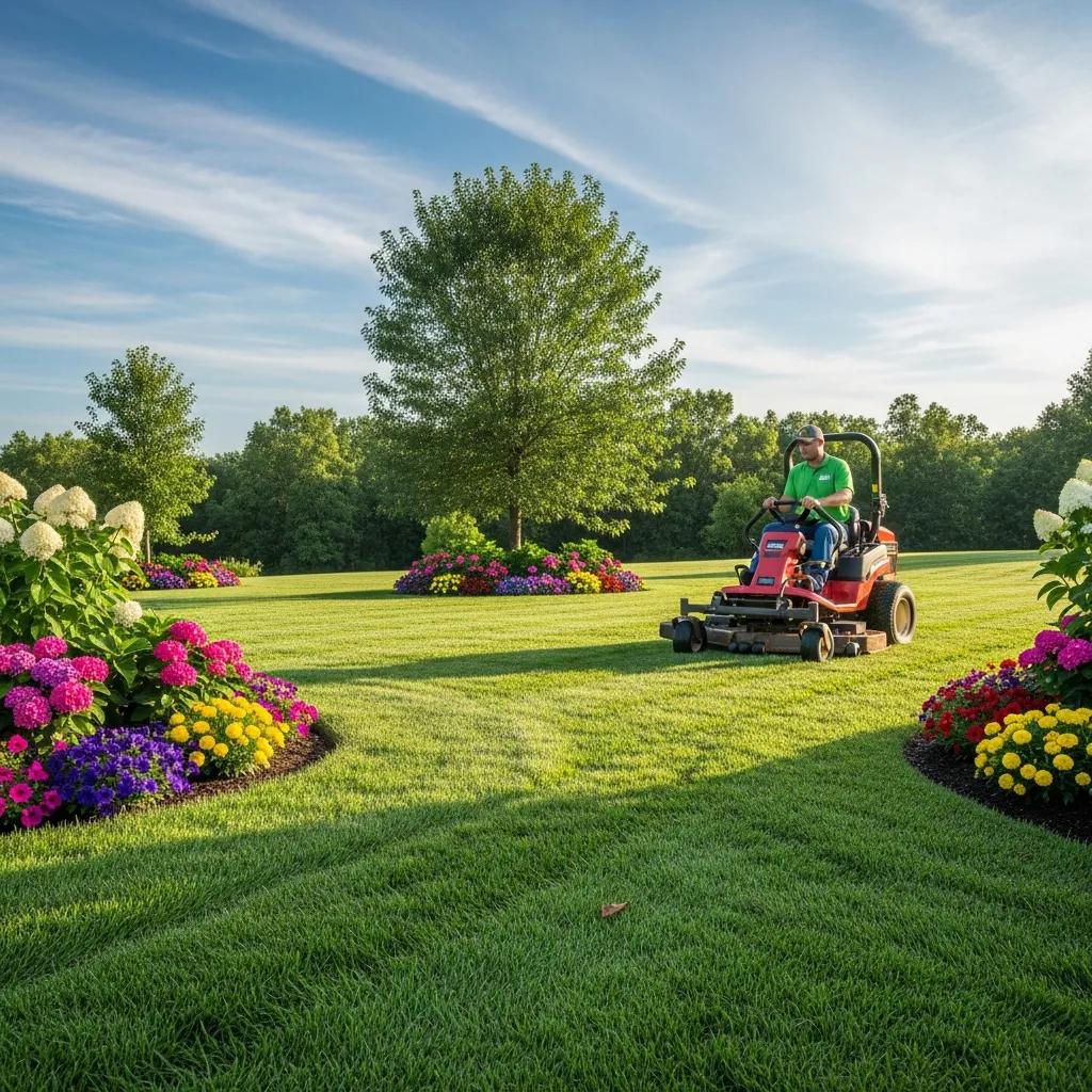 Lush lawn in Central Arkansas with a lawn care professional mowing grass