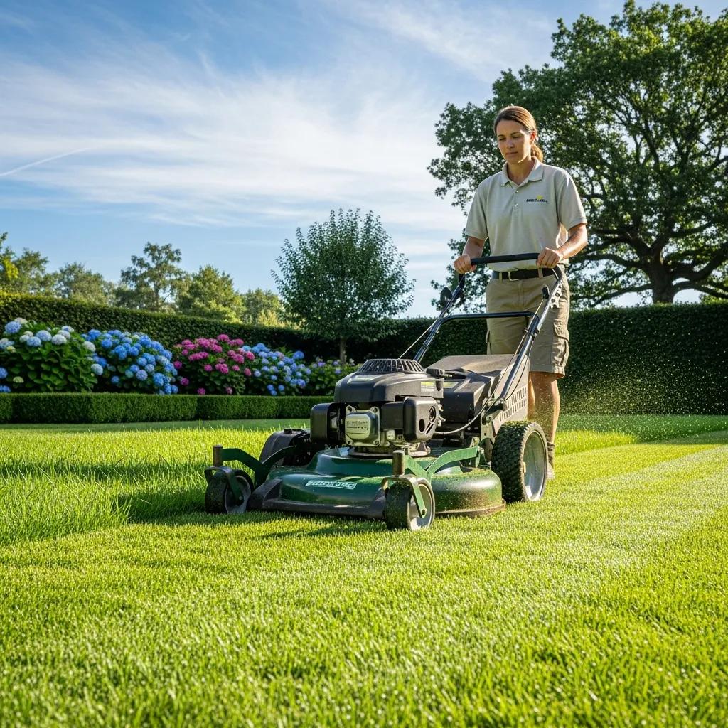 Professional landscaper mowing a lush green lawn, highlighting expert lawn care services